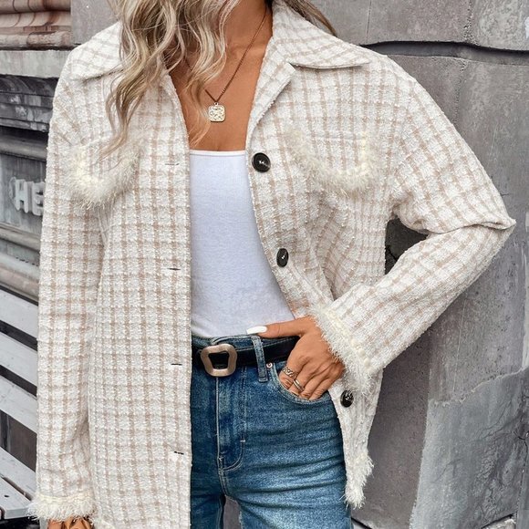 White Preppy Womens Plaid Pattern Raw Trim Drop Shoulder Tweed Overcoat - Picture 5 of 6